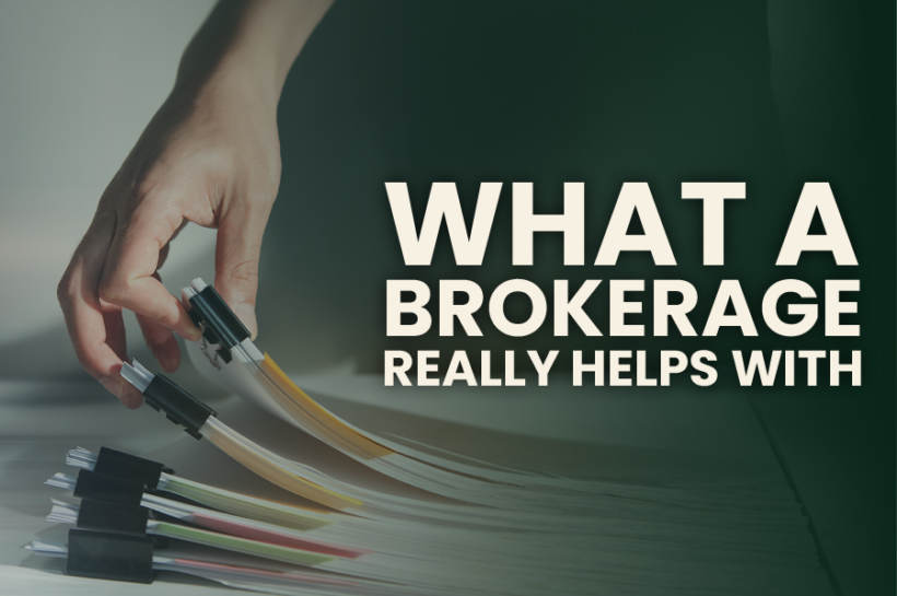 Hand organizing a stack of clipped paperwork beside text reading “What a Brokerage Really Helps With”
